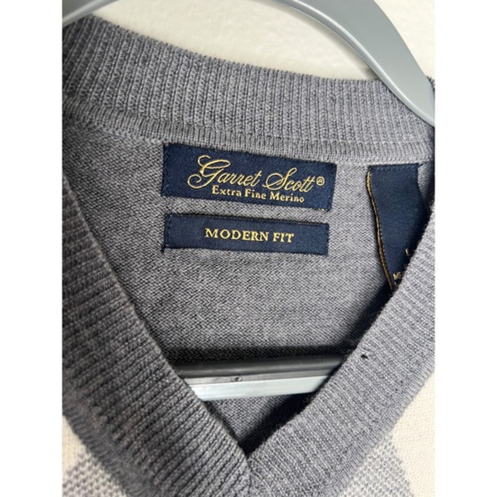 Garret Scott Mens V Neck Argyle‎ Sweater Extra Fine Merino Wool Modern Fit Large - Picture 4 of 7